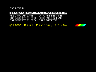 Microdrive/Cassette Copier Menu Screenshot