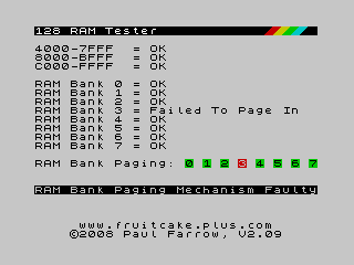 Spectrum 128 RAM Tester Page Error Screenshot