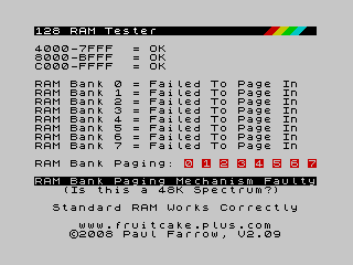 Spectrum 128 RAM Tester Data Line Error Screenshot
