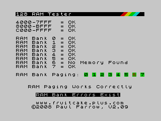 Spectrum 128 RAM Tester Not Present Error Screenshot
