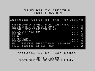 Spectrum Test Program Main Menu Screenshot