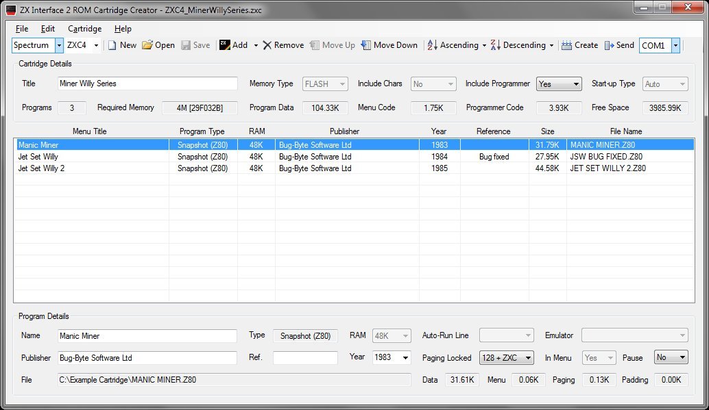 Example ZXC4 ROM Cartridge Creator Screenshot - Miner Willy Series