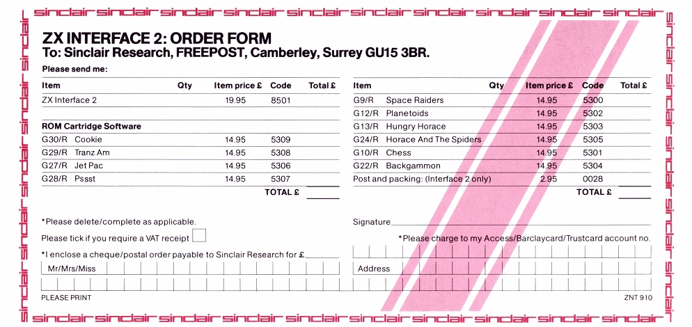 ZX Interface 2 Order Form