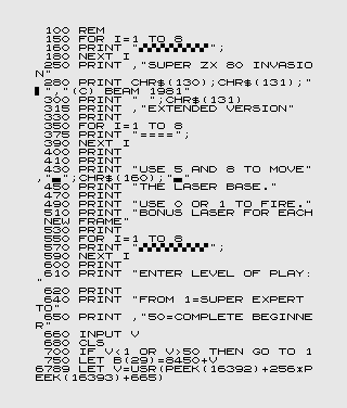 Program Listing of ZX80 (4K ROM) 2K Super Invasion